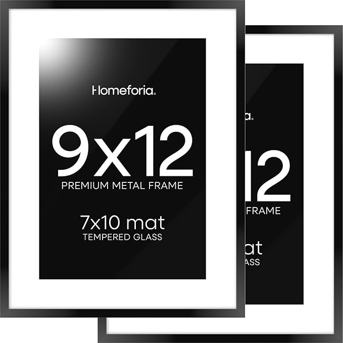 Homeforia 9x12 Picture Frame Black, High End Metal 9 x 12 Poster Frames with Mat 7 by 10 inch Photo, 9by12 Frame Matted to 7x10 in Art, 12x9 Wall or Tabletop Frames, Tempered Glass, Wall Kit, Set of 2