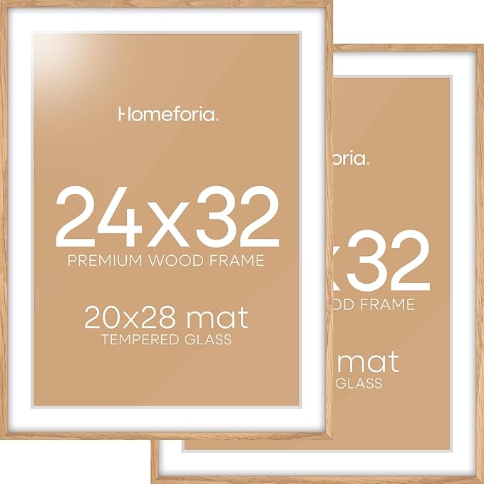 Homeforia 32x24 Poster Frame Wood, High End Natural Oak 24x32 Large Picture Frame with Mat 20x28, 24 x 32 Light Wooden Frame Matted to 20 by 28 Photo, 24by32 Frames, Tempered Glass, Wall Kit, Set of 2