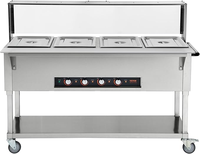 VEVOR 4-Pan Commercial Food Warmer, 4 x 20.6QT Electric Steam Table, 2000W Professional Buffet Catering Food Warmer with Acrylic Sneeze Guard, Food Grade Stainless Steel Server for Party Restaurant