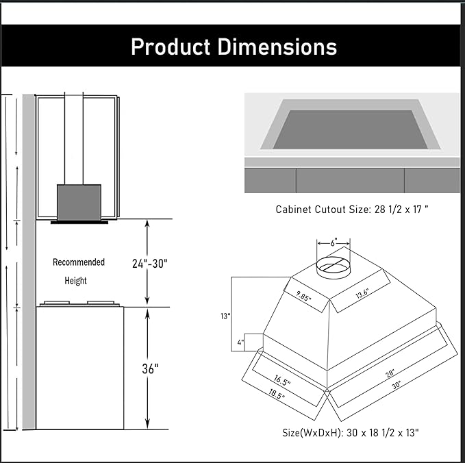 MCBON Range Hood Insert 30 Inch, 900 CFM Insert Range Hood, Touch Control Range Hood Insert, Remote & Gesture Sensing Vent Hood Insert, 4-Speed Hood Range Insert, Stainless Steel Range Hood, AE88-30