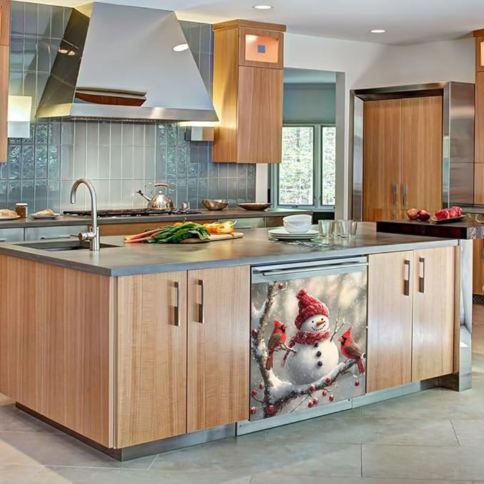 Christmas Snowman Dishwasher Magnetic Cover Front Door Stickers Cardinal Bird Dishwasher Magnet Covers Kitchen Fridge Decals Xmas Decoration Kitchen Cabinet Sticker, Magnetic 23" x 26"
