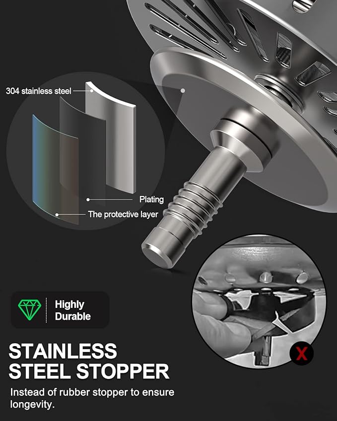 BOTEMY B9171 Kitchen Sink Drain 3 1/2 Inch Kitchen Sink Drain Strainer Assmebly Kit Stainless Steel Sink Strainer Basket/Drain Stopper for 3.5'' Standard American Drain Hole (Brushed)