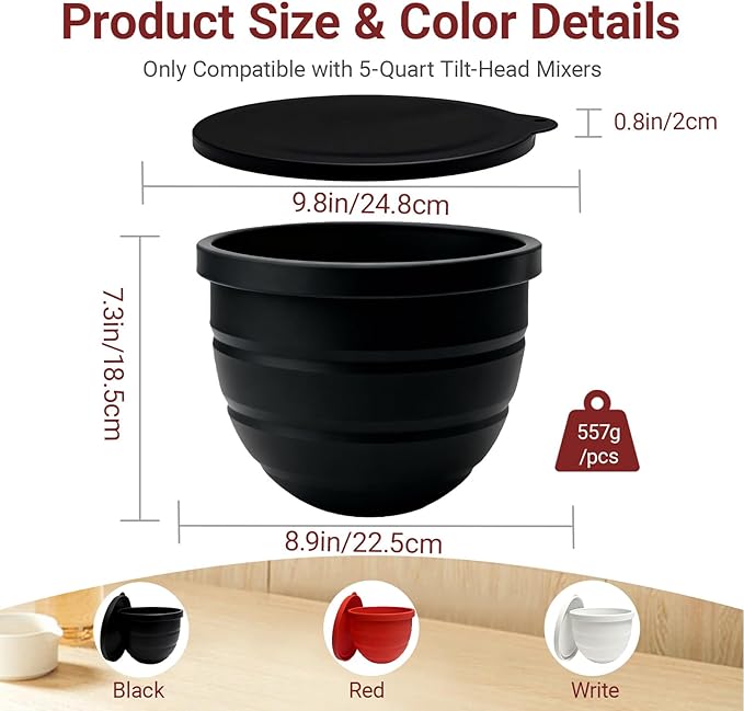 Silicone Bowl Liners for 5 Qt KitchenAid Stand Mixer – 3 Thickened Food-Grade Liners with Lids, Stand Mixer Accessories, Ideal for Multiple Dough Batches, Daily Mixing & Easy Cleanup & Easy to store