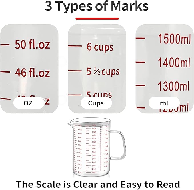 Luvan 6 Cups Glass Measuring Cup, Easy to Read with 3 measurement scales (Ml/Oz/Cup), Insulated Handle and V-shaped Spout, High Borosilicate Glass Measuring Cup, Ideal for Kitchen or Restaurant
