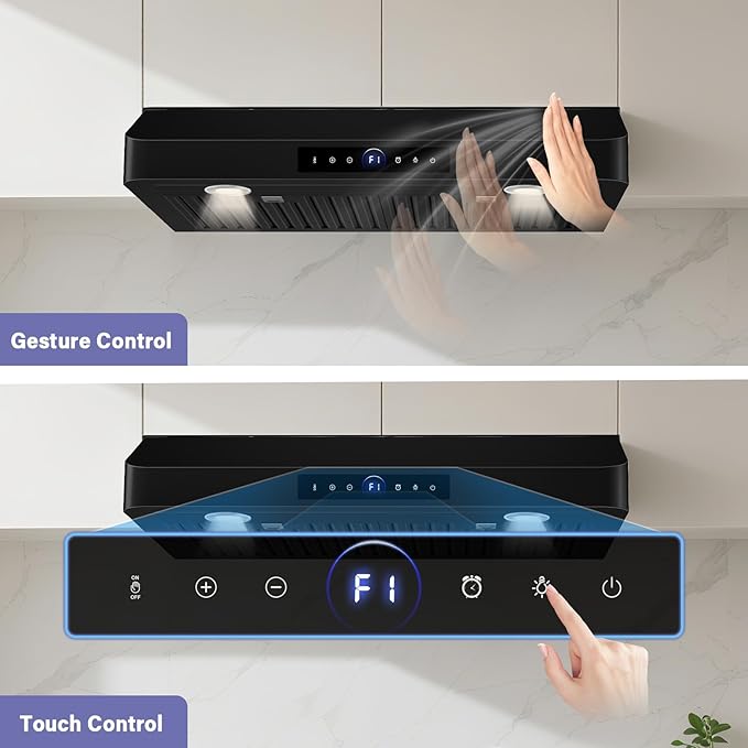 30 Inch Under Cabinet Range Hood,1200CFM Vent Hood with Powerful Suction,4-Speed Exhaust Fan,Stainless Steel Ducted Kitchen Hood Extractor with Led Lights,Smart Touch Panel,Black,15S-E30BK