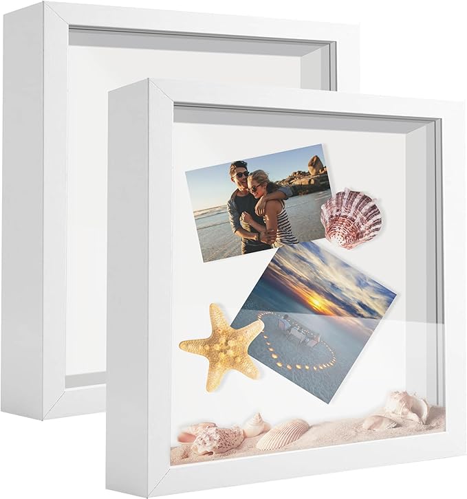8x8 Shadow Box Frame Display Case, Display Case Box for Memorabilia, Medal, Crafts,Tickets and Photos, Picture Frame for Wall and Tabletop (2pcs-White, 8x8)