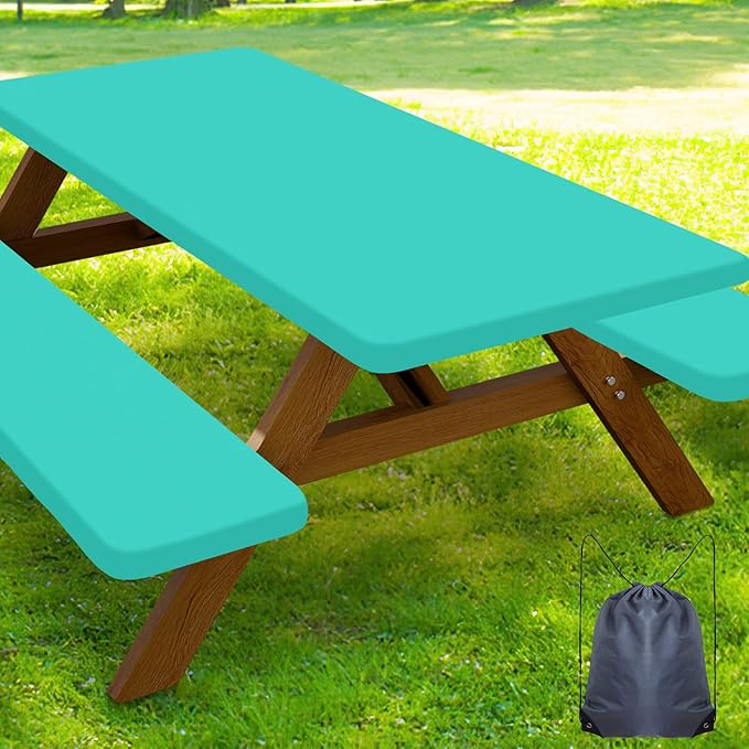 Smiry Picnic Table Cover with Bench Covers, Waterproof Elastic Fitted Polyester Tablecloths for 6 Ft Rectangle Tables, Washable Windproof Tablecloth for Camping, RV & Outdoor (Teal, 30x72 Inches)