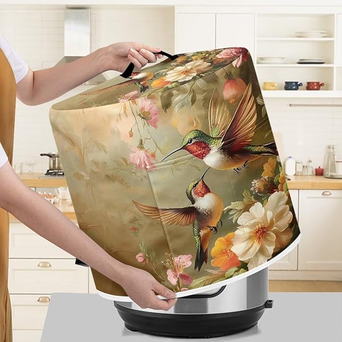 TODIYADDU White Flower Hummingbird Pressure Cooker Cover with Handle and Storage Pocket for Extra Accessories Portable Kitchen Appliance Dust Cover Protective for Air Fryer Toaster Accessories, M