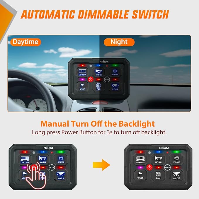 Nilight 6 Gang Switch Panel Blue Circuit Control Relay System with Fuse Wiring Harness Toggle Momentary Strobe Flash Modes Automatic Dimmable ON Off Pod 12V 24V for Car Truck Camper SUV
