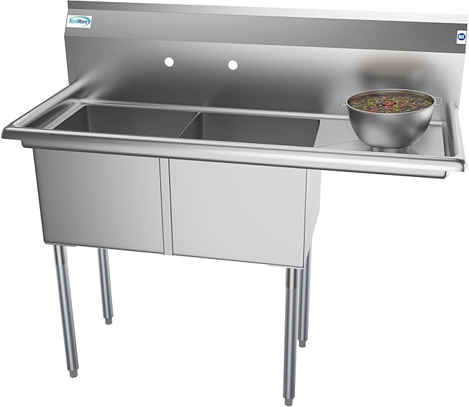 KoolMore - SB151512-15R3 2 Compartment Stainless Steel NSF Commercial Kitchen Prep & Utility Sink with Drainboard - Bowl Size 15" x 15" x 12", Silver