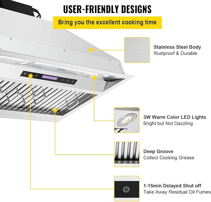 VEVOR Insert Range Hood, 900CFM 4-Speed, 30 Inch Stainless Steel Built-in Kitchen Vent with Touch & Remote Control LED Lights Baffle Filters, Ducted/Ductless Convertible, ETL Listed…