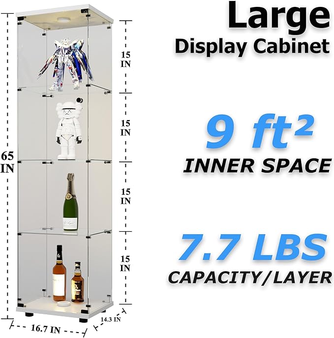 4-Shelf LED Lights Glass Display Cabinet, Floor Standing Glass Curio Cabinet with Door & Lock, Toys & Trophy Display Case for Living Room, Bedroom & Exhibition Hall (White)
