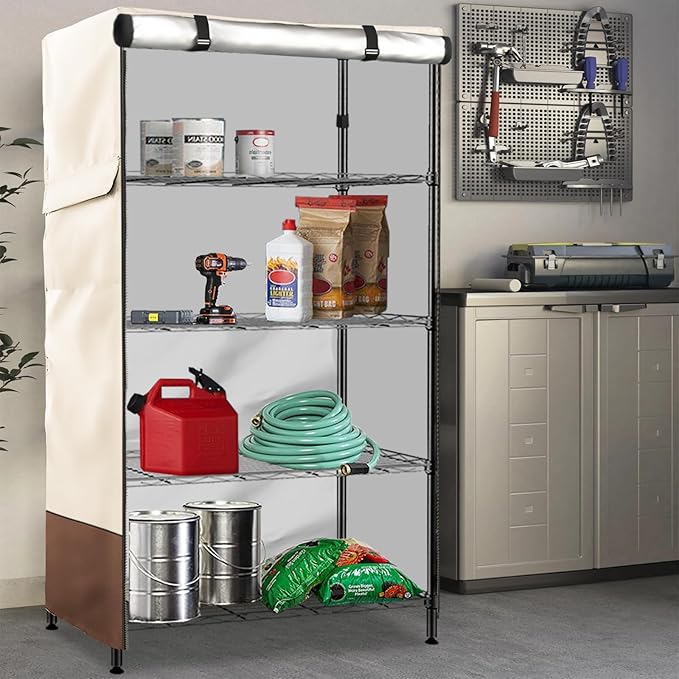 Wire Shelf Cover,600D Heavy Duty 100% Waterproof Shelf Covers for Wire Shelving,Outdoor Storage Shelves Cover for Metal Rack,48" W x 24" D x 72" H,Beige & Brown