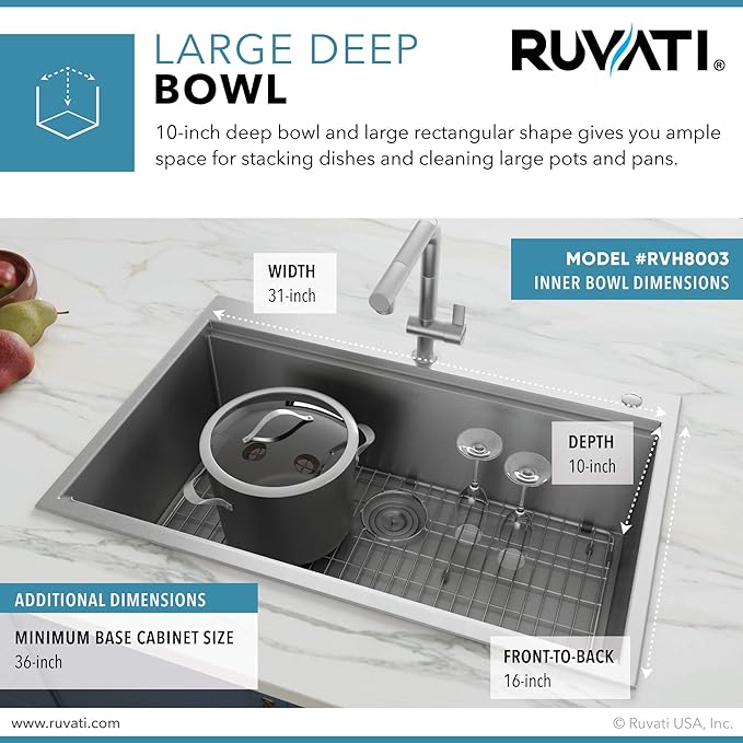 Ruvati 30 x 22 inch Workstation Drop-in Tight Radius Topmount 16 Gauge Ledge Stainless Steel Kitchen Sink Single Bowl - RVH8030