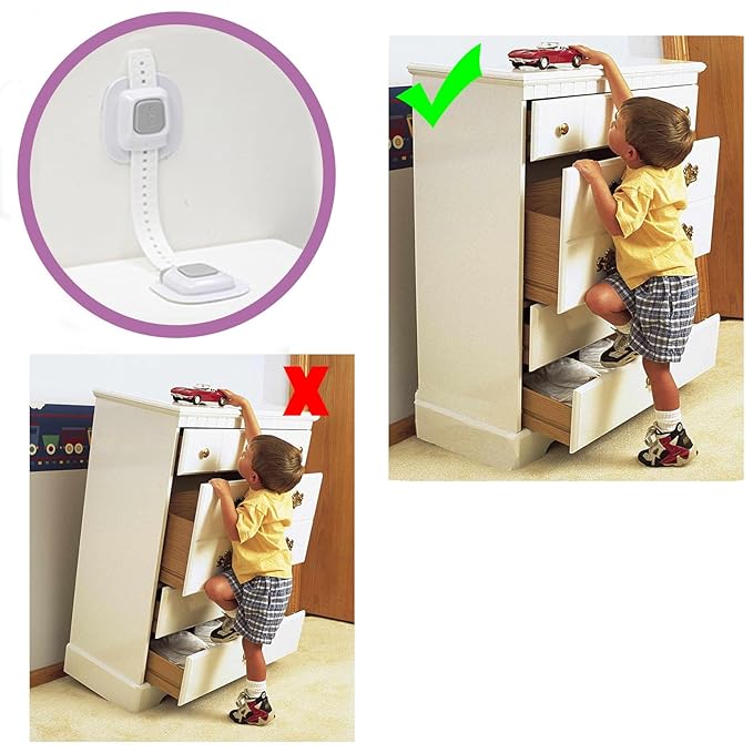 No Drill Furniture Anchor, Anti-tip and Adjustable Strap for Baby Proofing, 3M Adhesive Multi-Purpose for Furniture, Secure to Playroom (4 Pack)