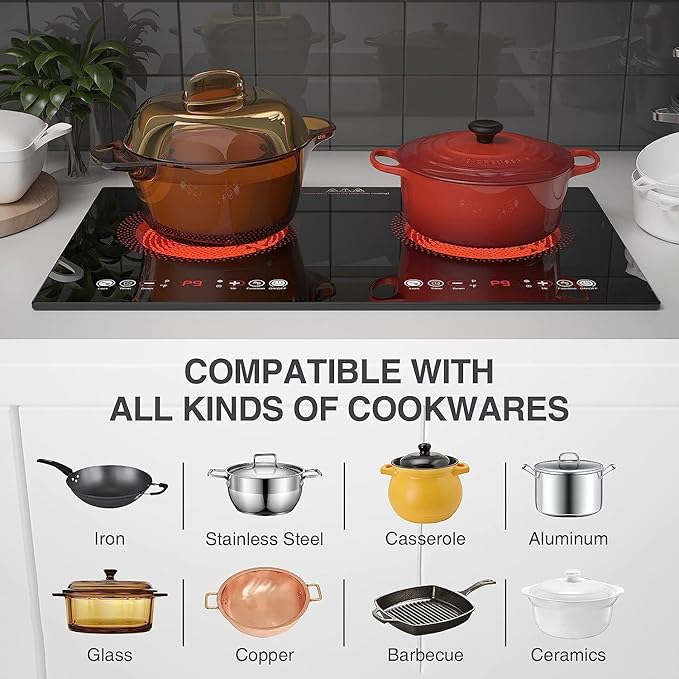 Electric Cooktop, 24 Inch 2 Burner Cooktop 110V, Built-in and Countertop Stove Top Plug in, 2400W Electric Stove, Compatible for All Cookware,Timer & Kid Safety Lock