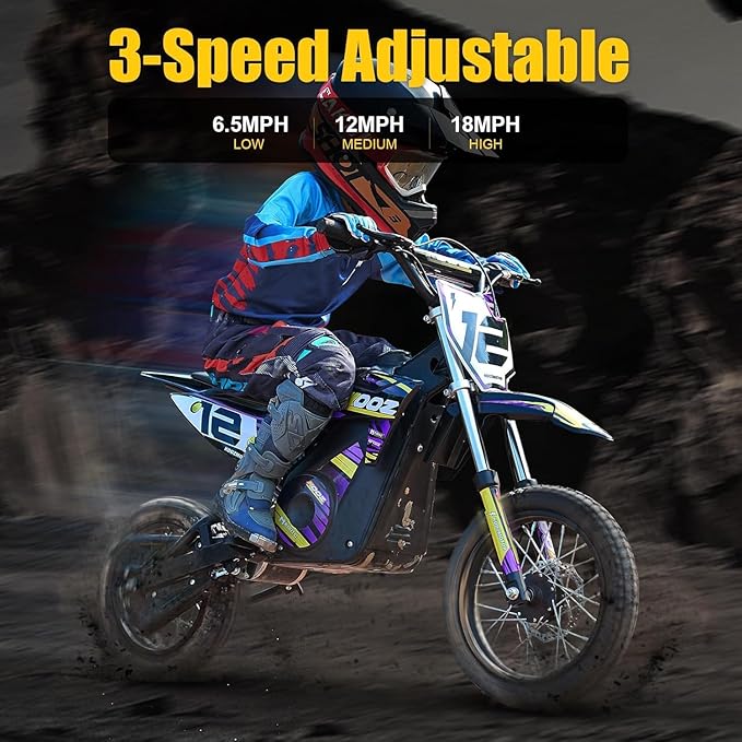 KOOZ HP112E 36V 1000W Electric Dirt Bike for Kids, 3 Speed Modes Teen Electric Motorcycle Up to 18 MPH & 15 Miles Long-Range, Dual Suspension & Disc Brake, 16" Sturdy Tire for Kids Teenagers