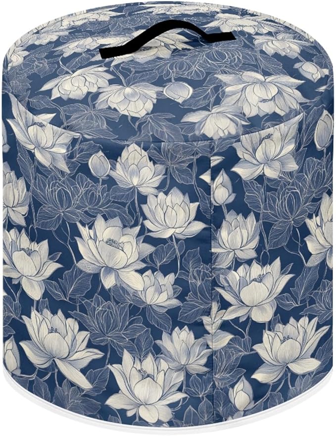 Insulated Pressure Cooker Appliance Cover, Also Fit for Rice Cooker, Air Fryer and Crock Pot, 8 Qt Dust Cover with Pocket for Spoon/Cooking Utensils/Recipes, Machine Washable, Blue Lotus