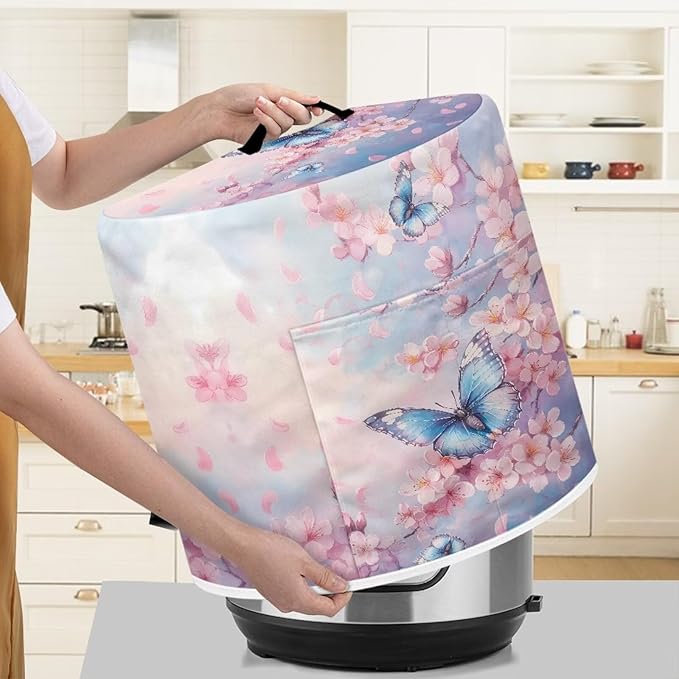 Xoenoiee Butterfly Pink Cherry Blossom Print Pressure Cooker Cover for Kitchen Appliance Dust Cover with Pockets for Rice Cooker Air Fryer Slow Cooker, for 6 Qt Pot