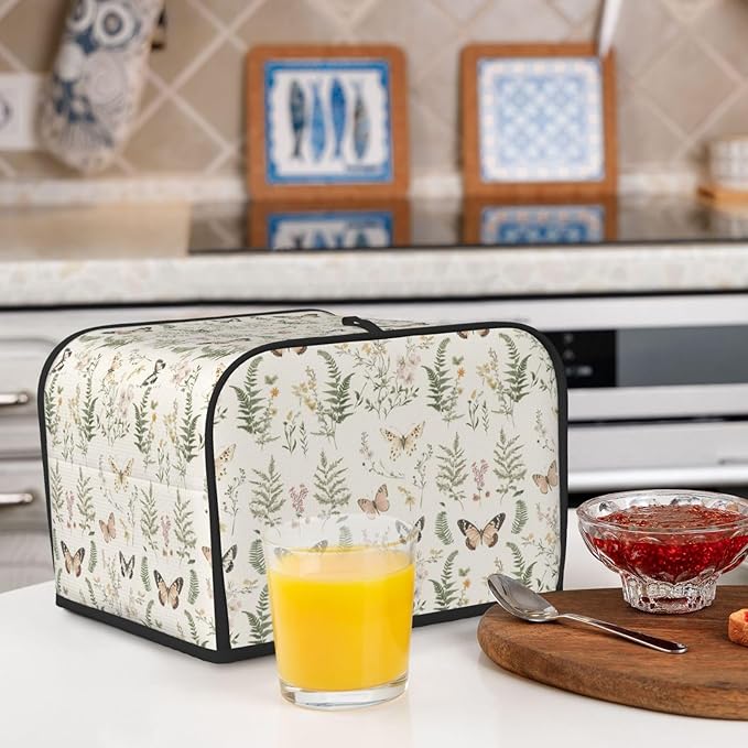 4 Slice Toaster Cover for Kitchen Botanical Wildflower Leaf Butterfly Waterproof Dustproof Toaster Dust Cover with Side Pockets Decorative Universal Cover for Wide Slot Toasters Small Appliances