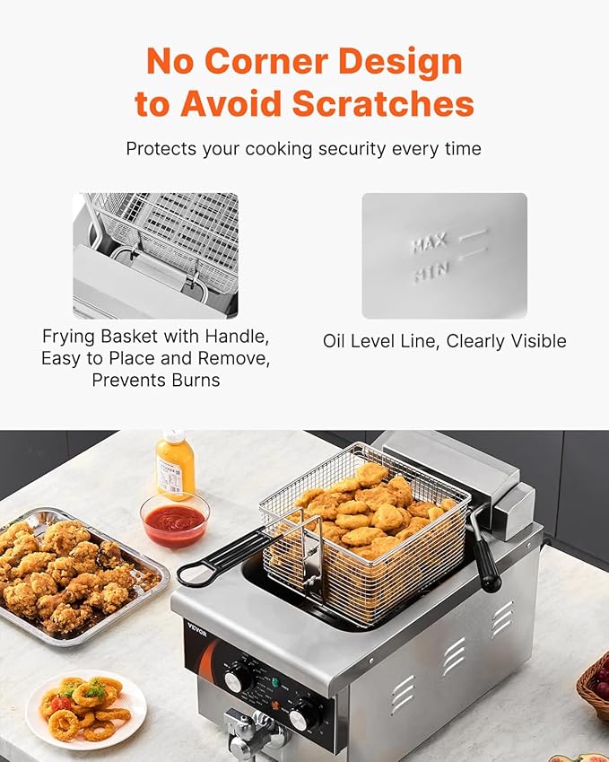 VEVOR Commercial Deep Fryer, 9Qt /8.5 L Single Oil Fryer, 1mm Thickened Stainless Steel, 1750W Electric Countertop Fryer with Basket, Time & Temp Control, for Kitchen Restaurant Use, Silver