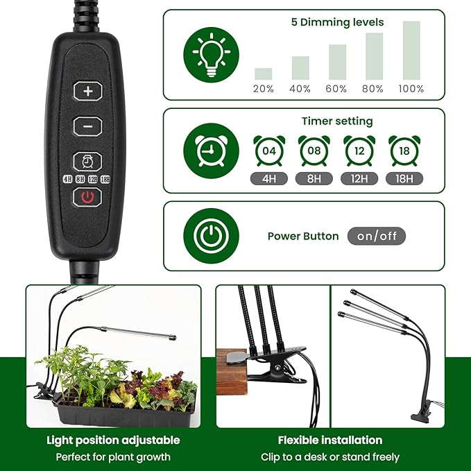 SOLIGT 60 Cell Seed Starter Kit with Grow Light and Heat Mat, Seed Starter Tray with Higher 4.3” Humidity Dome, 4/8/12/18H Timer, Flexible Light for Indoor Seed Starting & Seedling