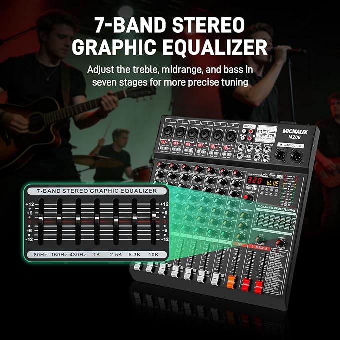 Audio Mixer 8 Channel Professional Sound Console Music Mixer with 320 DSP Effects, 7-band EQ DJ Mixing Board w/USB, Bluetooth, 48V Power Supply, PAD Button for Recording Karaoke PA Drum Live