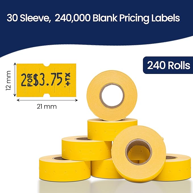 Perco 1 Line Yellow Labels - Case of 30 Sleeves, 240,000 Blank Pricing Labels for Perco Lite, X, Plus and Pro 1 Line Price and Date Guns
