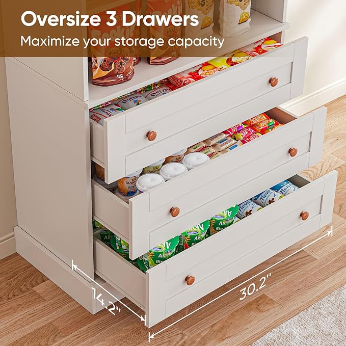 Vyre 71" Tall Farmhouse Kitchen Pantry, Set of 3 Large Storage Cabinets with 3 Drawers, Adjustable Shelves, Wood Versatile Hutch Cabinet for Living Room, Dining Room