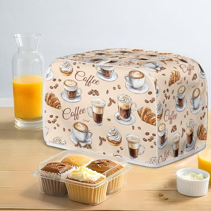 Coffee Croissant Print 2 Slice Toasters Cover with Handle Stain Resistant Bread Maker Covers Kitchen Small Appliance Dust-Cover Kitchen Accessories for Toaster