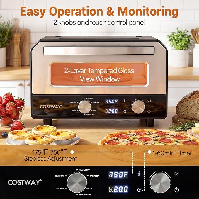 COSTWAY 1700W Electric Pizza Oven Indoor, 6 Presets & 2-Min Rapid Baking Heats up to 750℉, Countertop Pizza Oven for 12” Pizzas with Pizza Stone & Cutter Wheel for Home Kitchen