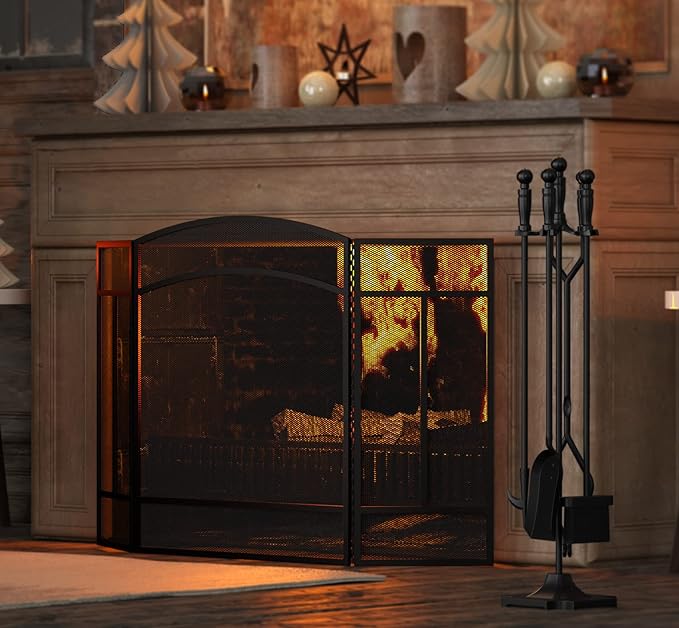 Fire Beauty Fireplace Screen 3 Panel Wrought Iron 48"(L) x 29"(H) Spark Guard Cover(Black)