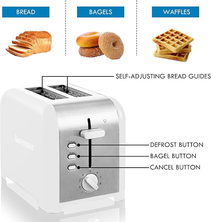 Kenmore toaster 2 slice - extra wide slot countertop kitchen appliance, defrost function, tostador de pan, 9 shade settings, easy clean crumb tray, bread bagel, stainless steel & White