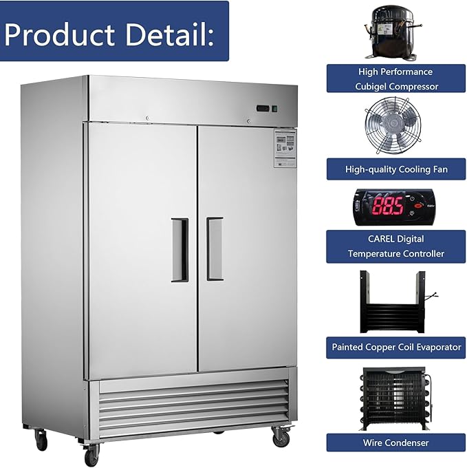 Commercial Freezer 54"W 2 Section 2 Solid Door Stainless Steel Interior and Exterior Construction