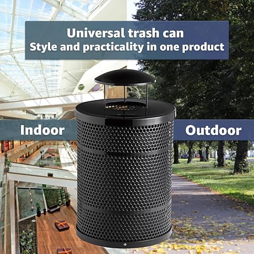 32 Gallon Perforated Trash Can with Rain Bonnet Lid, Steel Outdoor Heavy-Duty Commercial Waste Bin, Round Recycle Container, Durable Garbage Can for Parks, Municipalities, Schools, Parking