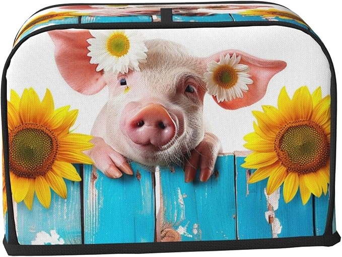 Toaster Cover 2 Slice with Pockets, Funny Pig On The Wooden Board Rustic Sunflower Farmhouse Kitchen Accessories Decor Bread Maker Oven Protector Covers Dust Proof Fingerprint Covers