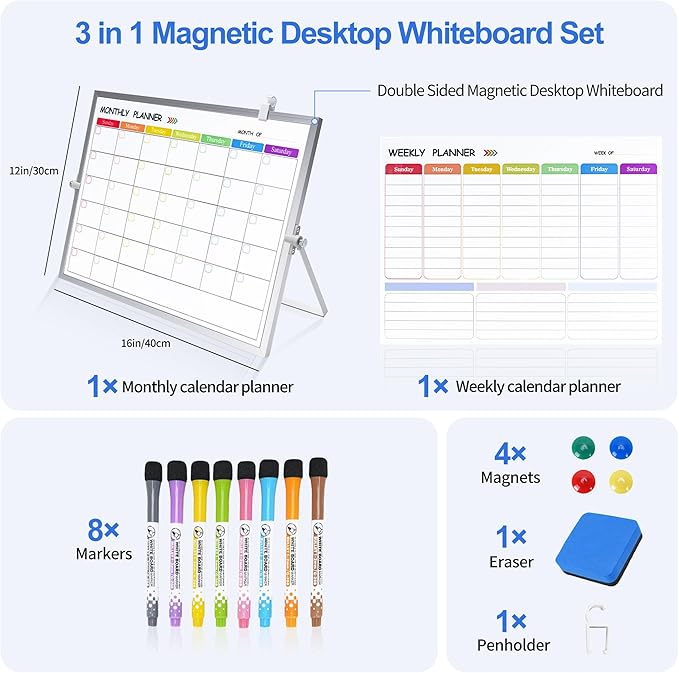 3 in 1 Colorful Magnetic Dry Erase Weekly Planner&Monthly Calendar& 16"x12" Double Sided Magnetic Desktop Whiteboard with Stand,8 Markers, 4 Magnets, 1 Eraser for Office,School,Home