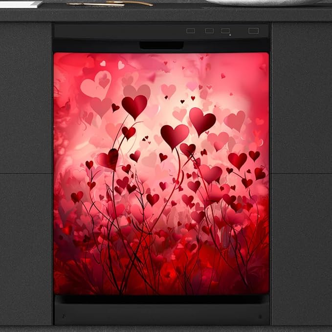 Dishwasher Magnet Cover Red Heart Flower Reusable Dishwasher Magnetic Cover Sticker Decorative Dish Washer Door Cover Panel for Home Kitcen Appliance