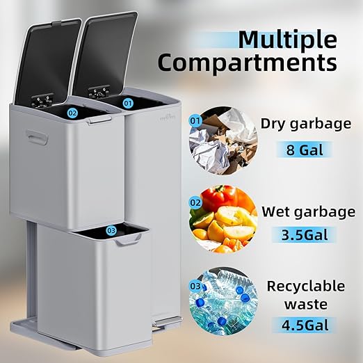 mVm 16 Gal Kitchen Trash Can, 3 Compartment Trash Can, Heavy Duty Anti Fingerprint Recycling Bin for Farmhouse Decor(Cement)