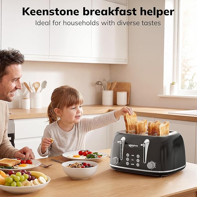 Keenstone Toaster 4 Slice, Retro Stainless Steel Wide Slot Toaster with Dual Independent Controls, 6 Browning Levels, Bagel, Defrost, Reheat & Cancel, Removable Crumb Tray, Black