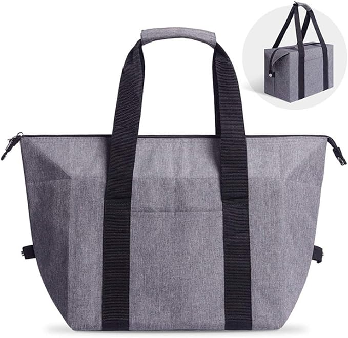 Reusable Insulated Shopping Cooler Bag with Zipper Top for Grocery, Thick Alumimum Foam Tote Thermal Bag for Frozen Cold Hot Foods Transport, Grey