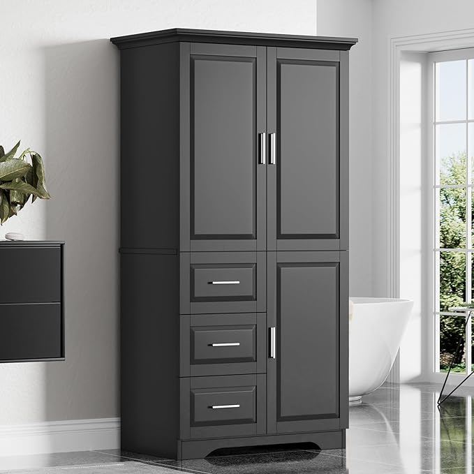 62.2" Wide Storage Cabinet Pantry Cupboard with Doors and Drawers for Home Kitchen, Bathroom and Living Room, Adjustable Shelf, Black