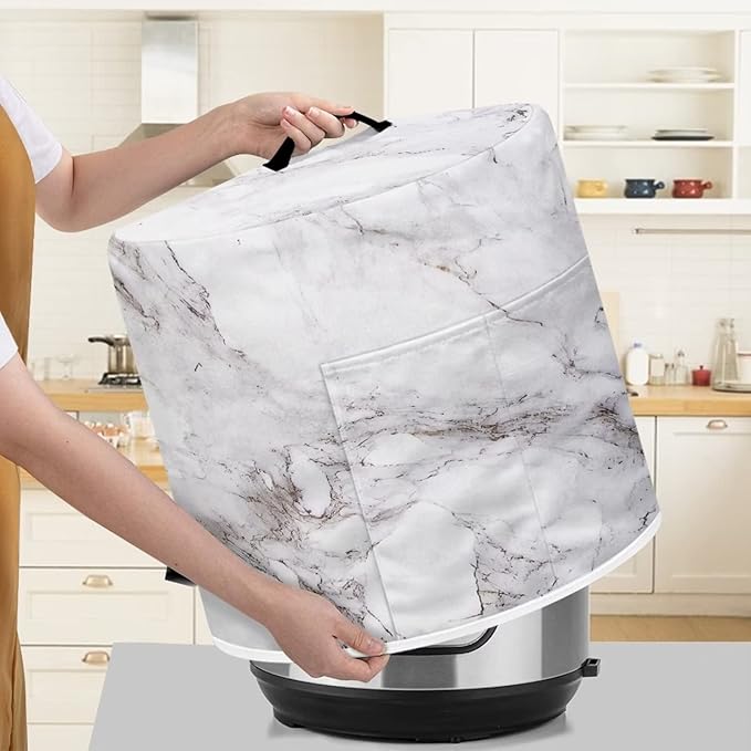 Air Fryer Dust Cover Compatible with 6 Quart Insulated Kitchen Appliance Cover with Top Handle and Front Pockets for Women Gift, White Marble