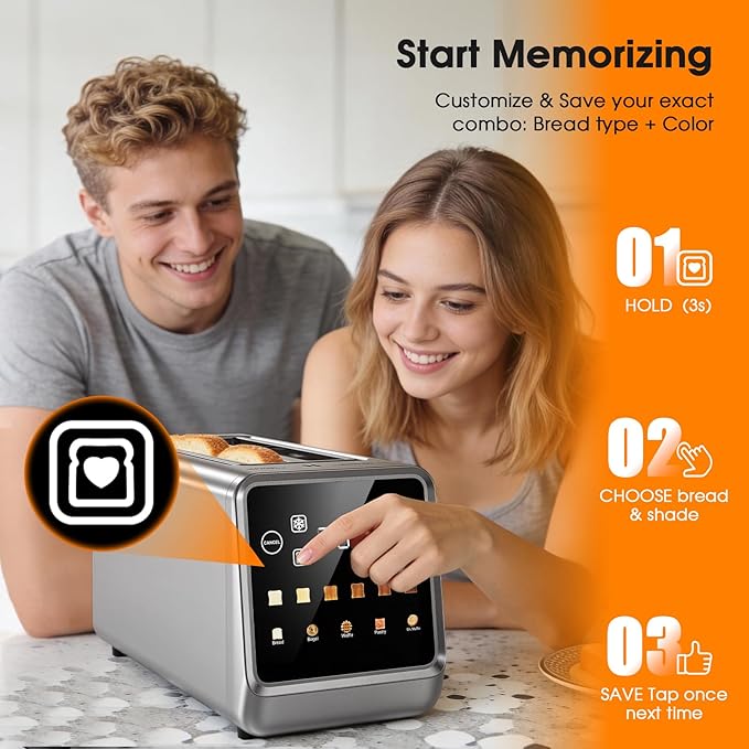 4-Slice Smart Toaster with Digital Touchscreen & 1-Touch Memory for Family | Stainless Steel, Extra-Wide Long Slots for Bagels & Artisan Bread | All-in-One Defrost, Reheat & Single-Slice Modes