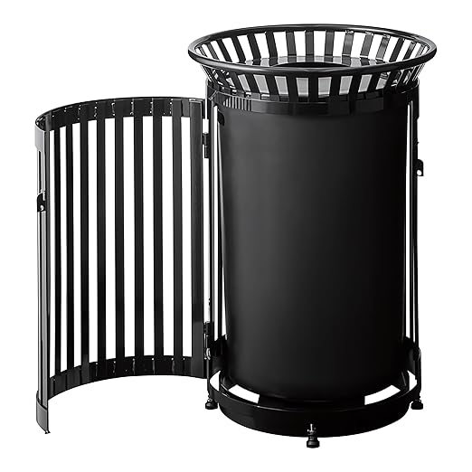 45 Gallon Black Trash Can with Flat Lid & Door, Outdoor Heavy-Duty Commercial Waste Bin Steel Slatted, Round Recycle Container, Durable Garbage Can for Parks, Municipalities, Schools, Parking