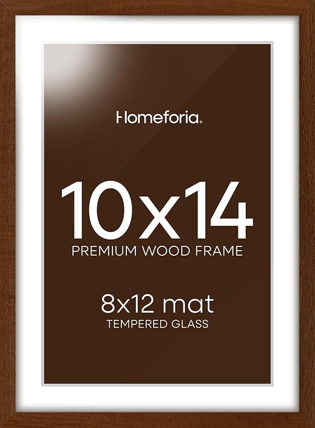 Homeforia 10x14 Brown Picture Frame, High End Dark Oak 10x14 Walnut Poster Frame with Mat 8x12, 10 x 14 Wooden Frame Matted to 8 by 12 inch Photo, 14x10 Thin Frames, Tempered Glass, Wall Kit, Set of 1