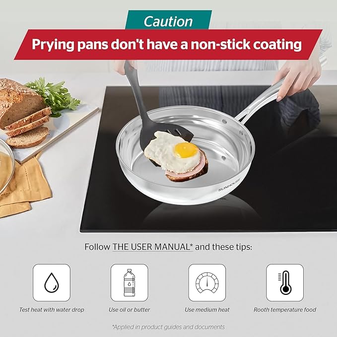 Sunhouse 9.5 Inch Tri-Ply Stainless Steel Frying Pan, Whole-Clad No Coatings Skillet with Stay-cool Handle for Cooking, Durable & Oven Safe to 500°F, Dishwasher Safe, Compatible with All Cooktops