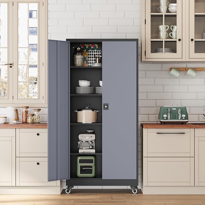 Metal Rolling Storage Cabinet-74.6” Tall Steel File Cabinets with Wheels Lockable Doors and Adjustable Shelves-Black & Gray Steel Storage Cabinet for Home, School, Office, Garage