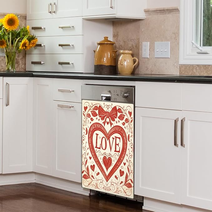 Valentine's Day Bow Love Flower Dishwasher Magnet Cover, Reusable Refrigerator Panel Stickers Microwave Front Door Covers Magnets for Kitchen Home Appliances Holiday Party Decorations 23 X 26 in
