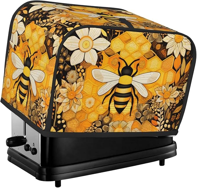 Toaster Cover 2 Slice with Pockets, Flowers And Honey Bee Vintage Yellow Print Kitchen Accessories Decor Bread Maker Oven Protector Covers Dust Proof Fingerprint Covers